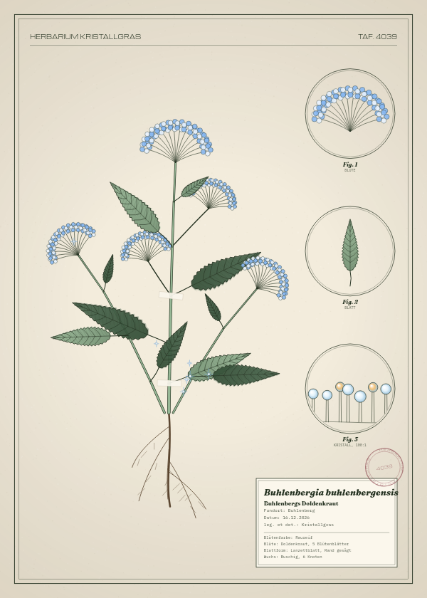 Botanische Tafel: Buhlenbergia buhlenbergensis, eine erfundene Pflanze aus Buhlenberg, gezeichnet wie in einem alten Pflanzenatlas