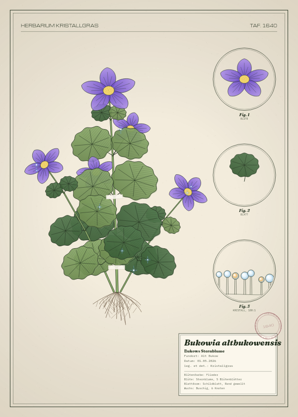 Botanische Tafel: Bukowia altbukowensis, eine erfundene Pflanze aus Alt Bukow, gezeichnet wie in einem alten Pflanzenatlas