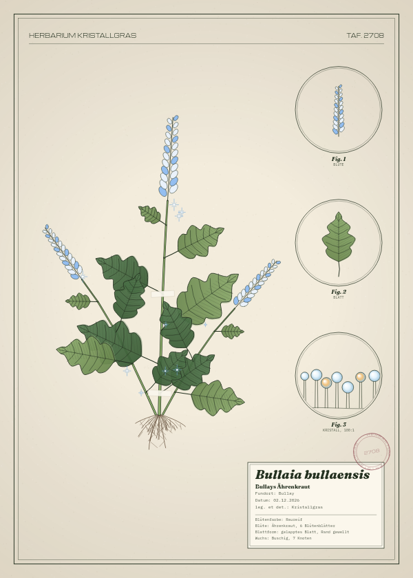 Botanische Tafel: Bullaia bullaensis, eine erfundene Pflanze aus Bullay, gezeichnet wie in einem alten Pflanzenatlas