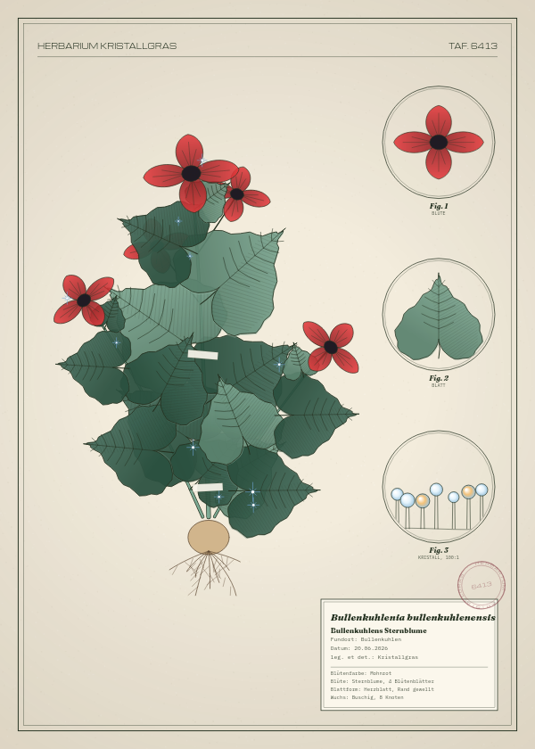 Botanische Tafel: Bullenkuhlenia bullenkuhlenensis, eine erfundene Pflanze aus Bullenkuhlen, gezeichnet wie in einem alten Pflanzenatlas
