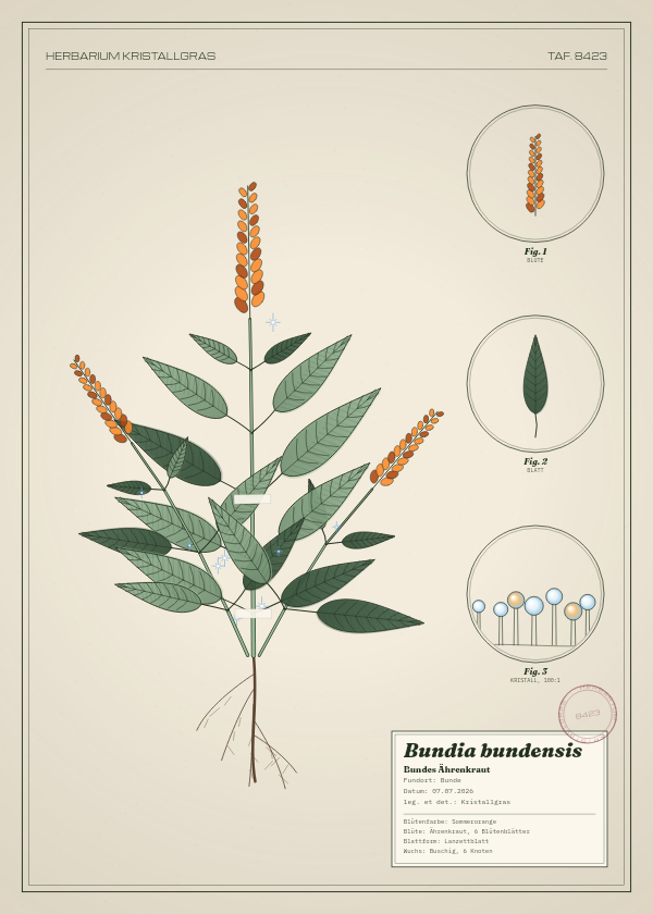 Botanische Tafel: Bundia bundensis, eine erfundene Pflanze aus Bunde, gezeichnet wie in einem alten Pflanzenatlas