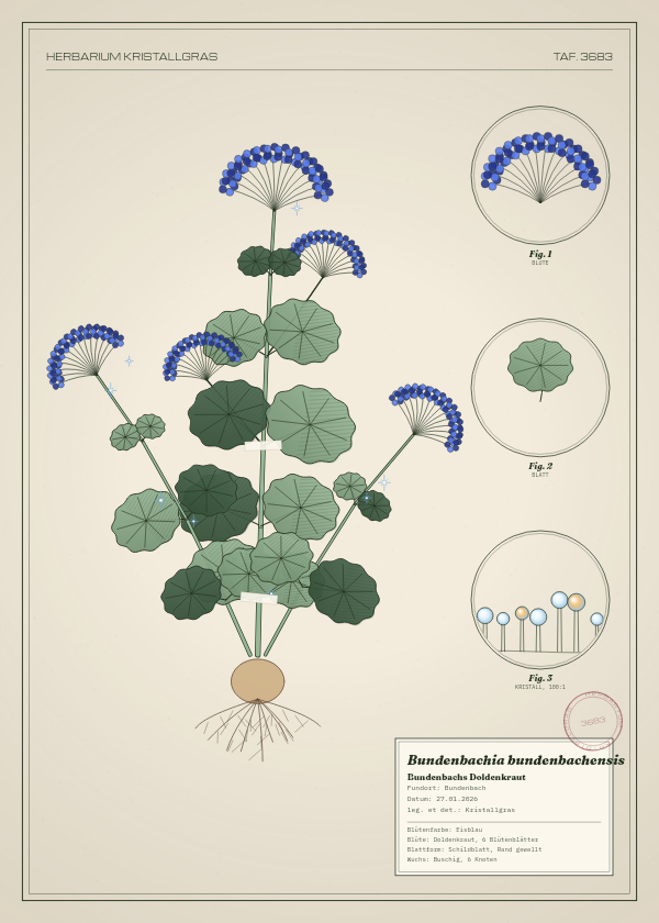 Botanische Tafel: Bundenbachia bundenbachensis, eine erfundene Pflanze aus Bundenbach, gezeichnet wie in einem alten Pflanzenatlas