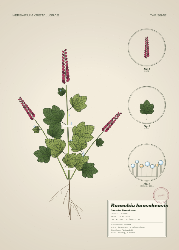 Botanische Tafel: Bunsohia bunsohensis, eine erfundene Pflanze aus Bunsoh, gezeichnet wie in einem alten Pflanzenatlas