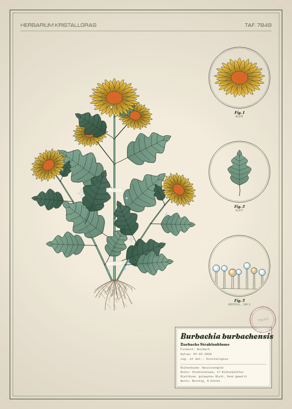 Botanische Tafel: Burbachia burbachensis, eine erfundene Pflanze aus Burbach, gezeichnet wie in einem alten Pflanzenatlas