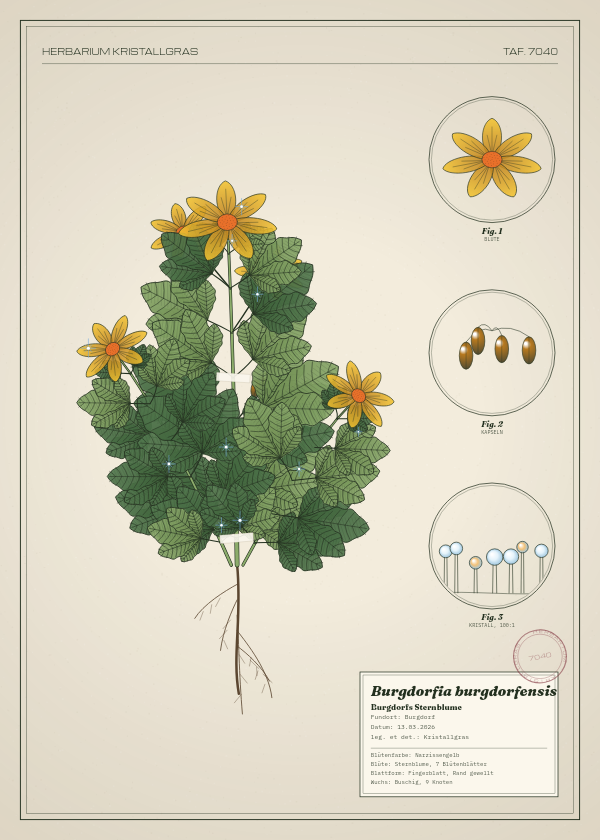 Botanische Tafel: Burgdorfia burgdorfensis, eine erfundene Pflanze aus Burgdorf, gezeichnet wie in einem alten Pflanzenatlas