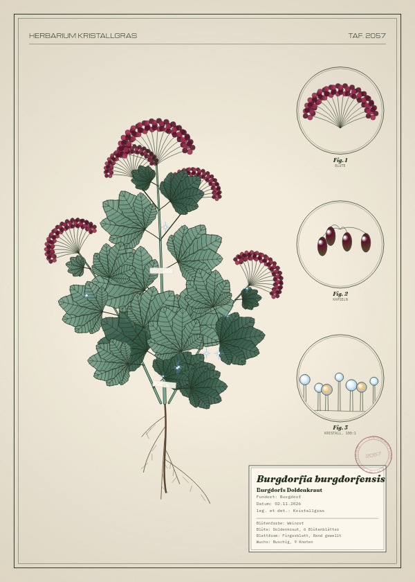 Botanische Tafel: Burgdorfia burgdorfensis, eine erfundene Pflanze aus Burgdorf, gezeichnet wie in einem alten Pflanzenatlas