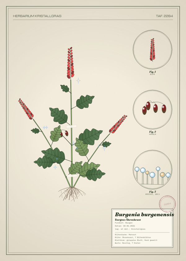 Botanische Tafel: Burgenia burgenensis, eine erfundene Pflanze aus Burgen, gezeichnet wie in einem alten Pflanzenatlas
