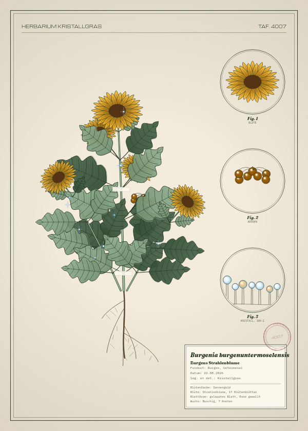 Botanische Tafel: Burgenia burgenuntermoselensis, eine erfundene Pflanze aus Burgen, Untermosel, gezeichnet wie in einem alten Pflanzenatlas
