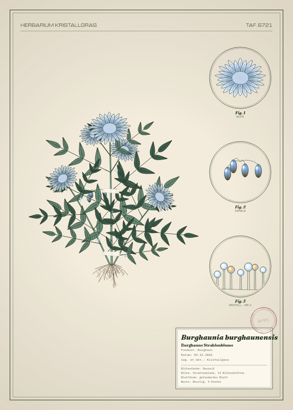 Botanische Tafel: Burghaunia burghaunensis, eine erfundene Pflanze aus Burghaun, gezeichnet wie in einem alten Pflanzenatlas