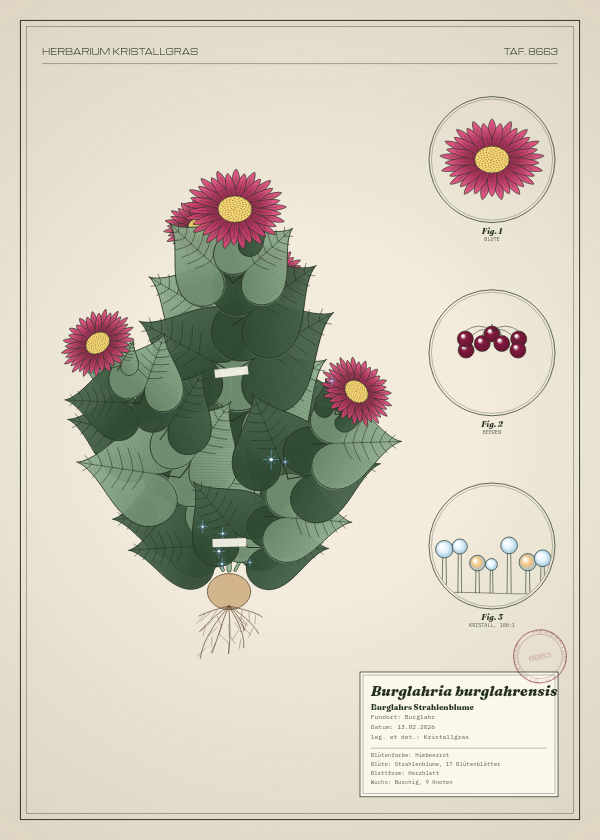 Botanische Tafel: Burglahria burglahrensis, eine erfundene Pflanze aus Burglahr, gezeichnet wie in einem alten Pflanzenatlas