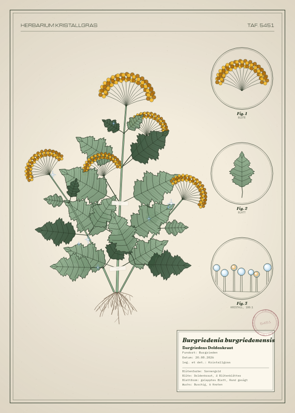 Botanische Tafel: Burgriedenia burgriedenensis, eine erfundene Pflanze aus Burgrieden, gezeichnet wie in einem alten Pflanzenatlas