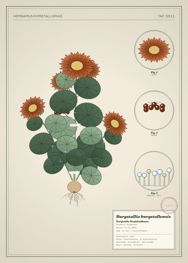 Botanische Tafel: Burgstallia burgstallensis, eine erfundene Pflanze aus Burgstall, gezeichnet wie in einem alten Pflanzenatlas