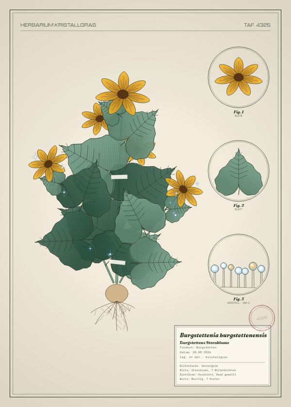 Botanische Tafel: Burgstettenia burgstettenensis, eine erfundene Pflanze aus Burgstetten, gezeichnet wie in einem alten Pflanzenatlas