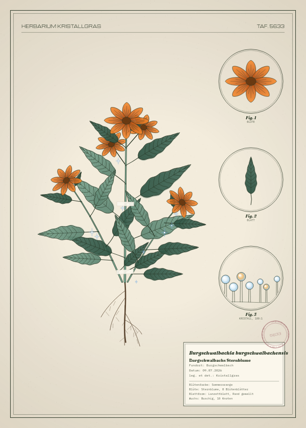 Botanische Tafel: Burgschwalbachia burgschwalbachensis, eine erfundene Pflanze aus Burgschwalbach, gezeichnet wie in einem alten Pflanzenatlas