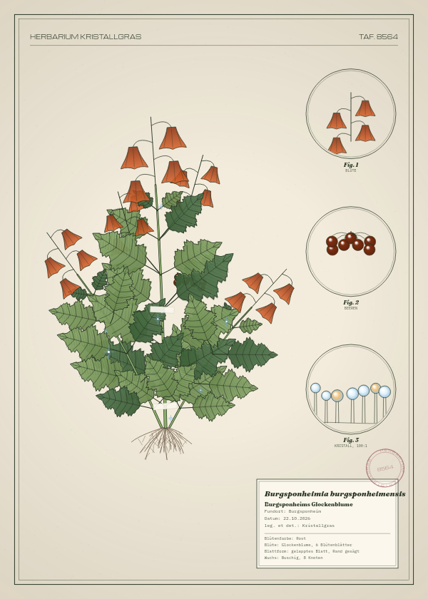 Botanische Tafel: Burgsponheimia burgsponheimensis, eine erfundene Pflanze aus Burgsponheim, gezeichnet wie in einem alten Pflanzenatlas