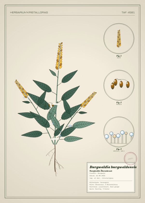 Botanische Tafel: Burgwaldia burgwaldensis, eine erfundene Pflanze aus Burgwald, gezeichnet wie in einem alten Pflanzenatlas