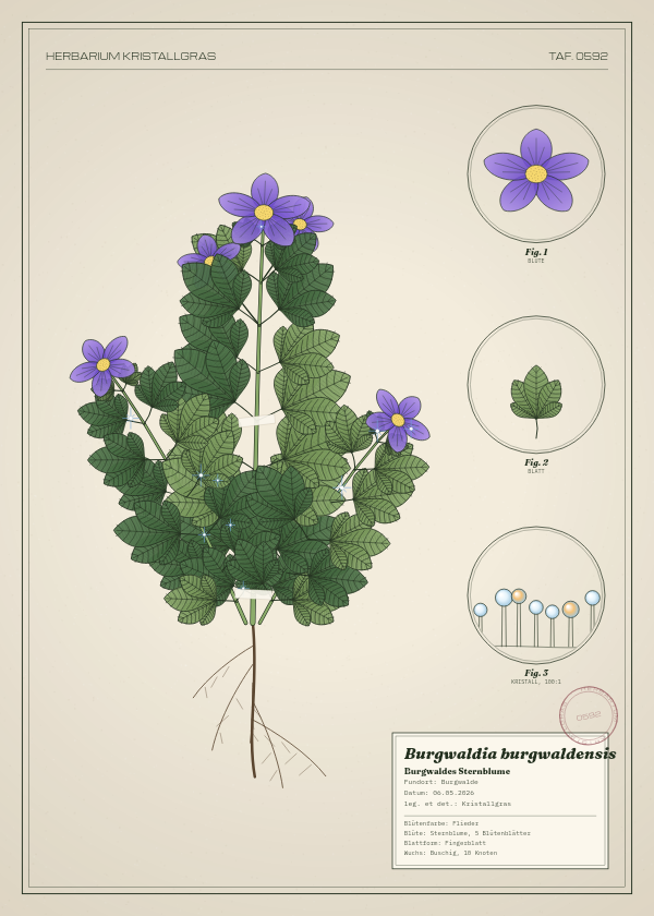 Botanische Tafel: Burgwaldia burgwaldensis, eine erfundene Pflanze aus Burgwalde, gezeichnet wie in einem alten Pflanzenatlas