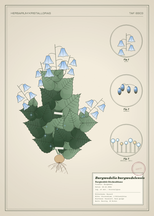 Botanische Tafel: Burgwedelia burgwedelensis, eine erfundene Pflanze aus Burgwedel, gezeichnet wie in einem alten Pflanzenatlas