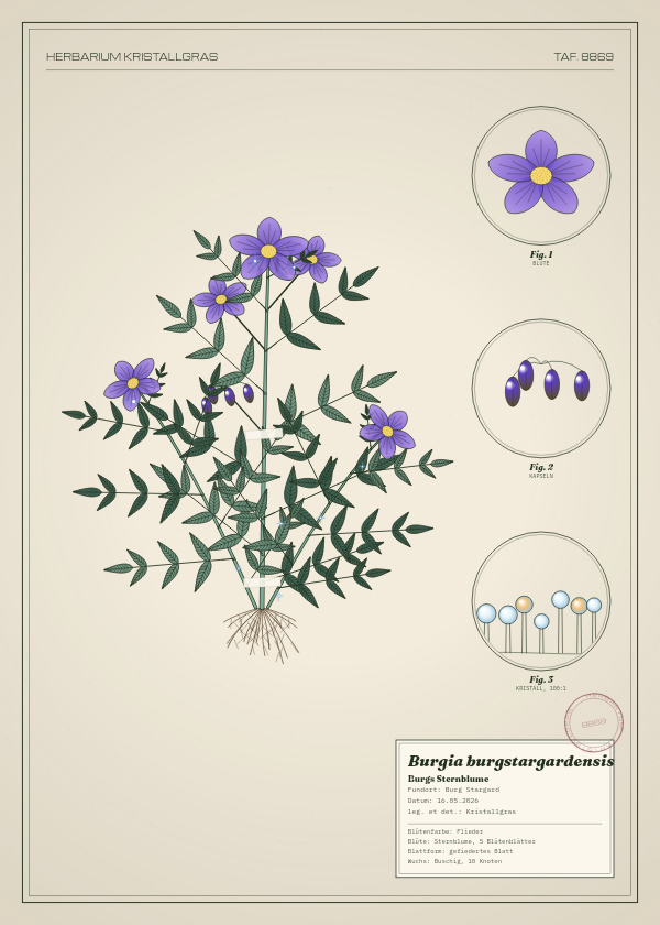 Botanische Tafel: Burgia burgstargardensis, eine erfundene Pflanze aus Burg Stargard, gezeichnet wie in einem alten Pflanzenatlas