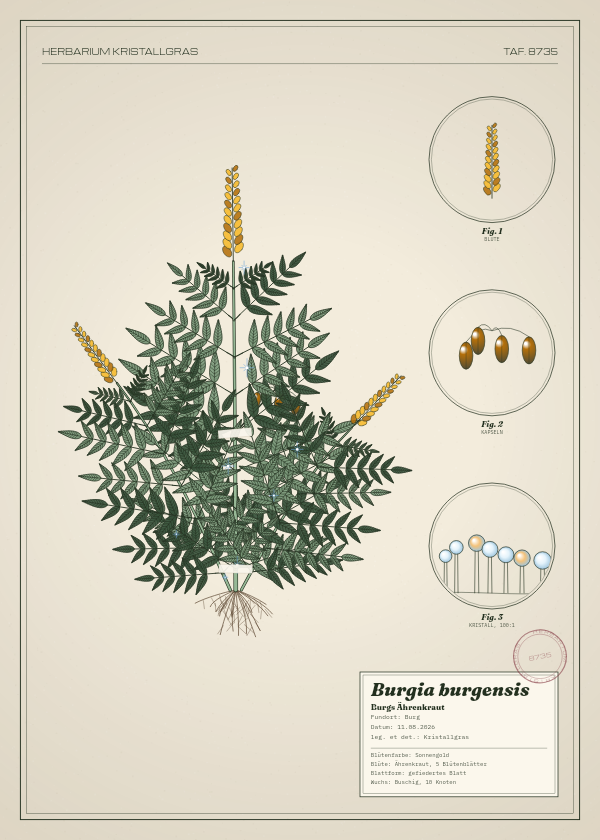 Botanische Tafel: Burgia burgensis, eine erfundene Pflanze aus Burg, gezeichnet wie in einem alten Pflanzenatlas