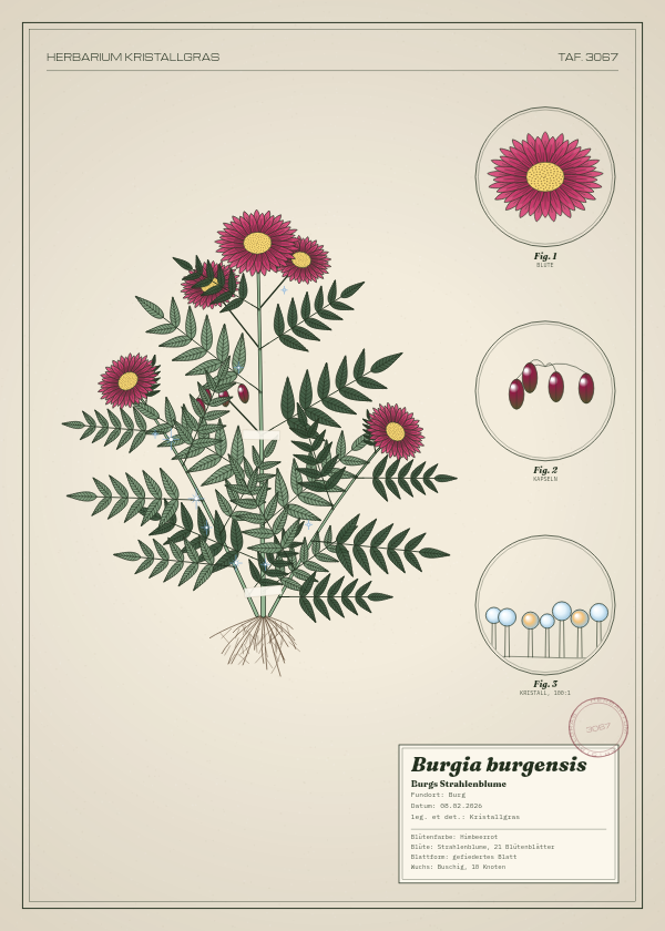 Botanische Tafel: Burgia burgensis, eine erfundene Pflanze aus Burg, gezeichnet wie in einem alten Pflanzenatlas