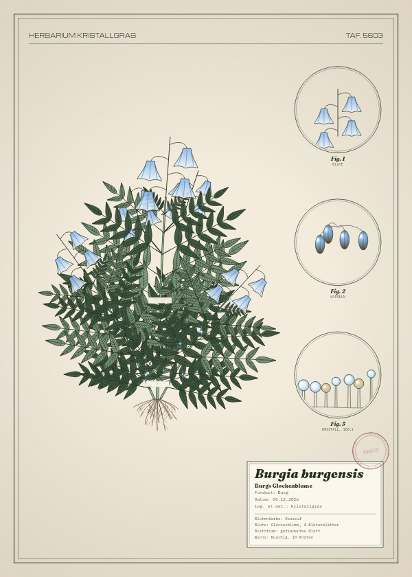 Botanische Tafel: Burgia burgensis, eine erfundene Pflanze aus Burg, gezeichnet wie in einem alten Pflanzenatlas