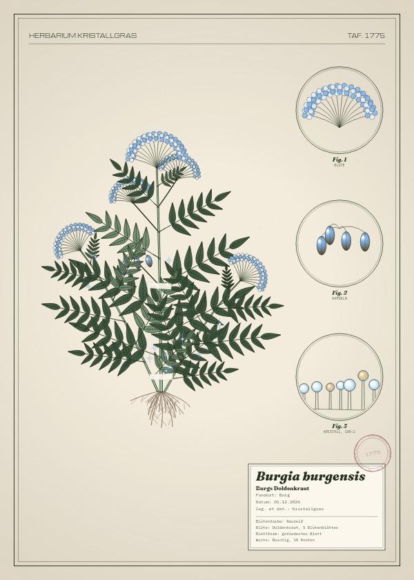 Botanische Tafel: Burgia burgensis, eine erfundene Pflanze aus Burg, gezeichnet wie in einem alten Pflanzenatlas