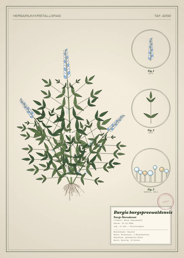 Botanische Tafel: Burgia burgspreewaldensis, eine erfundene Pflanze aus Burg (Spreewald), gezeichnet wie in einem alten Pflanzenatlas