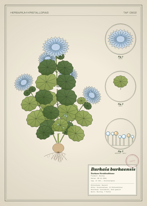 Botanische Tafel: Burkaia burkaensis, eine erfundene Pflanze aus Burkau, gezeichnet wie in einem alten Pflanzenatlas