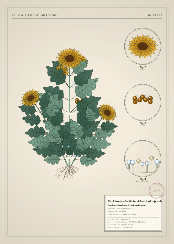 Botanische Tafel: Burkhardtsdorfia burkhardtsdorfensis, eine erfundene Pflanze aus Burkhardtsdorf, gezeichnet wie in einem alten Pflanzenatlas