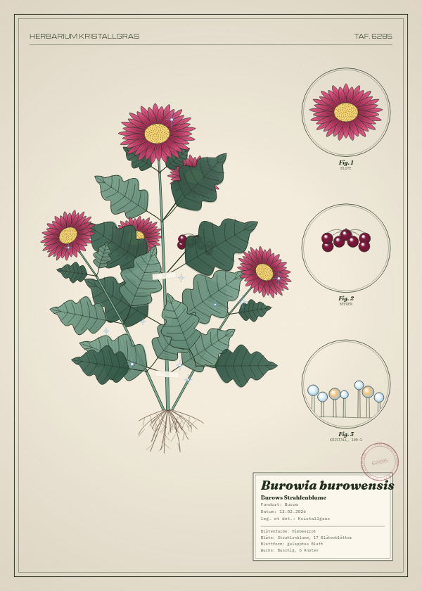 Botanische Tafel: Burowia burowensis, eine erfundene Pflanze aus Burow, gezeichnet wie in einem alten Pflanzenatlas