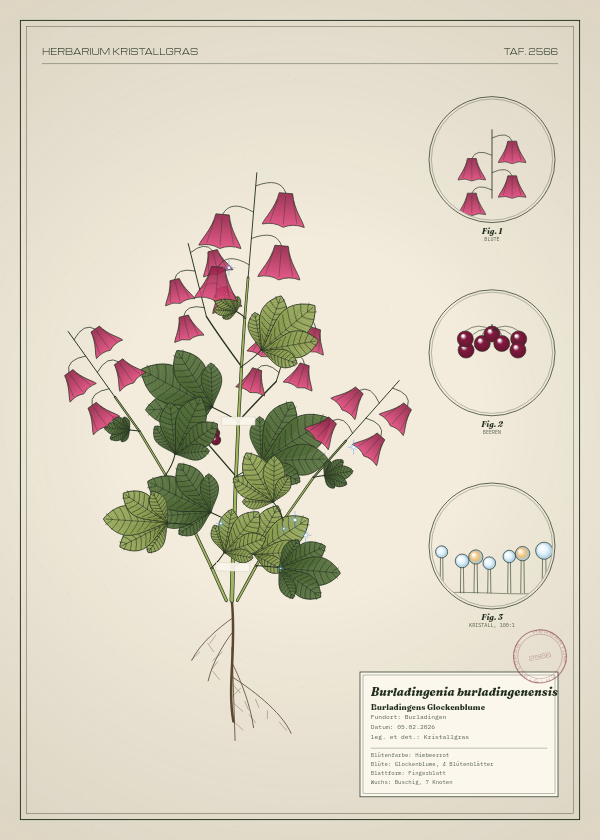 Botanische Tafel: Burladingenia burladingenensis, eine erfundene Pflanze aus Burladingen, gezeichnet wie in einem alten Pflanzenatlas