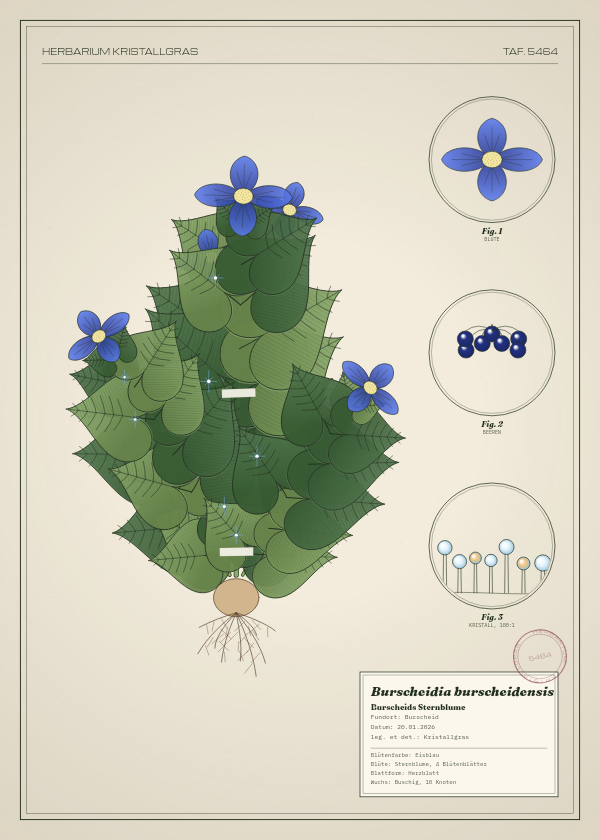 Botanische Tafel: Burscheidia burscheidensis, eine erfundene Pflanze aus Burscheid, gezeichnet wie in einem alten Pflanzenatlas