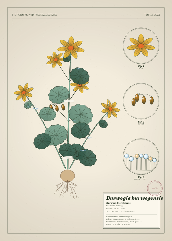 Botanische Tafel: Burwegia burwegensis, eine erfundene Pflanze aus Burweg, gezeichnet wie in einem alten Pflanzenatlas