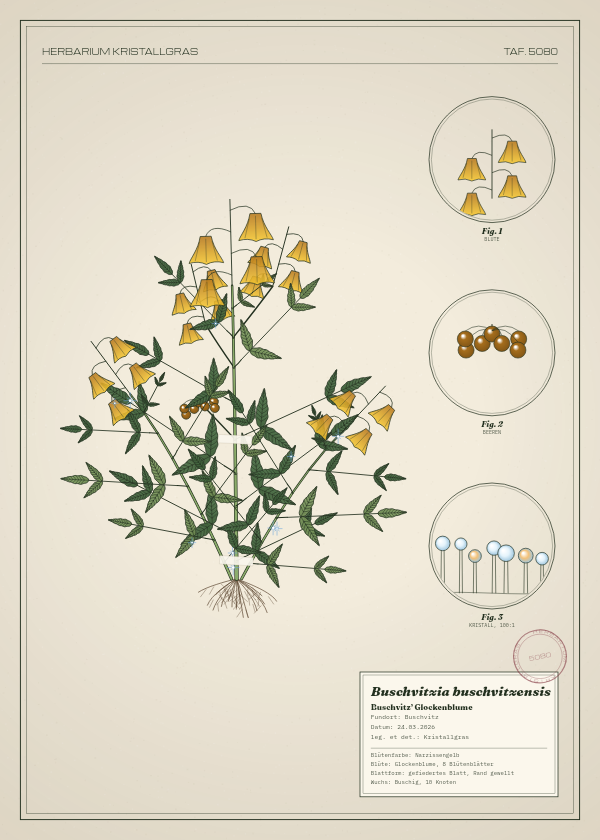 Botanische Tafel: Buschvitzia buschvitzensis, eine erfundene Pflanze aus Buschvitz, gezeichnet wie in einem alten Pflanzenatlas