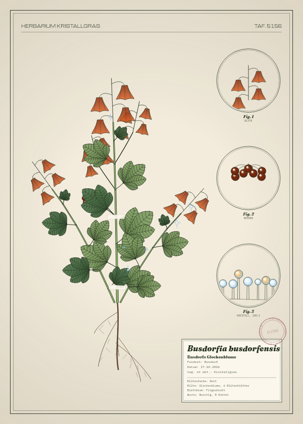 Botanische Tafel: Busdorfia busdorfensis, eine erfundene Pflanze aus Busdorf, gezeichnet wie in einem alten Pflanzenatlas