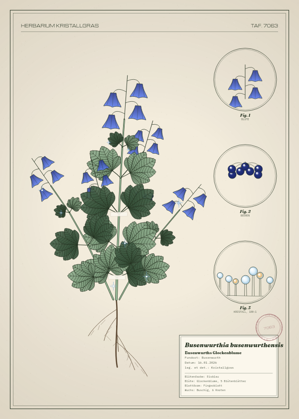 Botanische Tafel: Busenwurthia busenwurthensis, eine erfundene Pflanze aus Busenwurth, gezeichnet wie in einem alten Pflanzenatlas