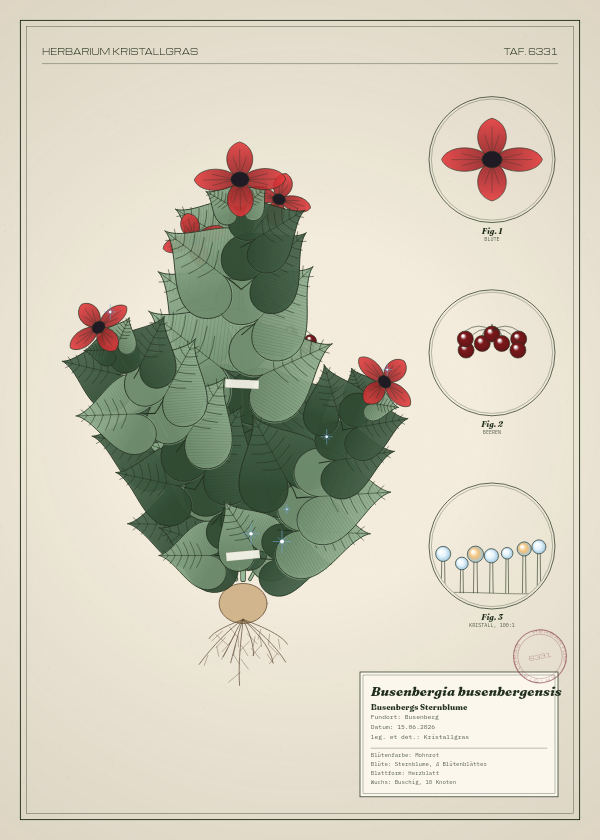 Botanische Tafel: Busenbergia busenbergensis, eine erfundene Pflanze aus Busenberg, gezeichnet wie in einem alten Pflanzenatlas