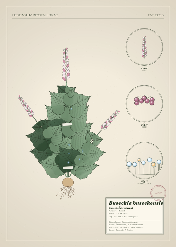 Botanische Tafel: Buseckia buseckensis, eine erfundene Pflanze aus Buseck, gezeichnet wie in einem alten Pflanzenatlas