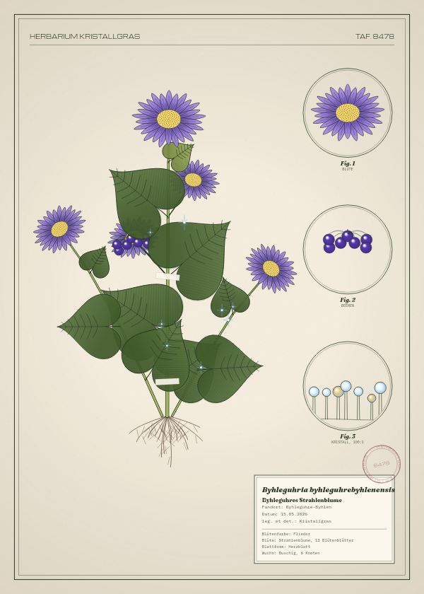 Botanische Tafel: Byhleguhria byhleguhrebyhlenensis, eine erfundene Pflanze aus Byhleguhre-Byhlen, gezeichnet wie in einem alten Pflanzenatlas