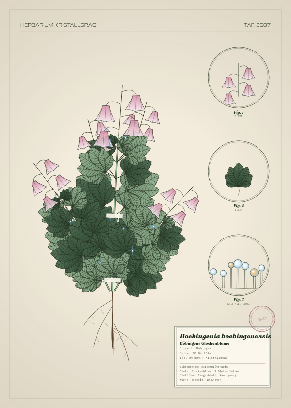 Botanische Tafel: Boebingenia boebingenensis, eine erfundene Pflanze aus Böbingen, gezeichnet wie in einem alten Pflanzenatlas