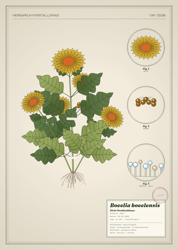 Botanische Tafel: Boeelia boeelensis, eine erfundene Pflanze aus Böel, gezeichnet wie in einem alten Pflanzenatlas