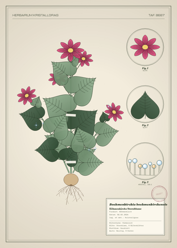 Botanische Tafel: Boehmenkirchia boehmenkirchensis, eine erfundene Pflanze aus Böhmenkirch, gezeichnet wie in einem alten Pflanzenatlas