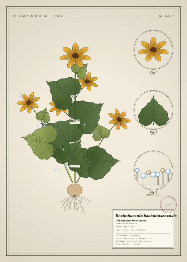 Botanische Tafel: Boehnhusenia boehnhusenensis, eine erfundene Pflanze aus Böhnhusen, gezeichnet wie in einem alten Pflanzenatlas