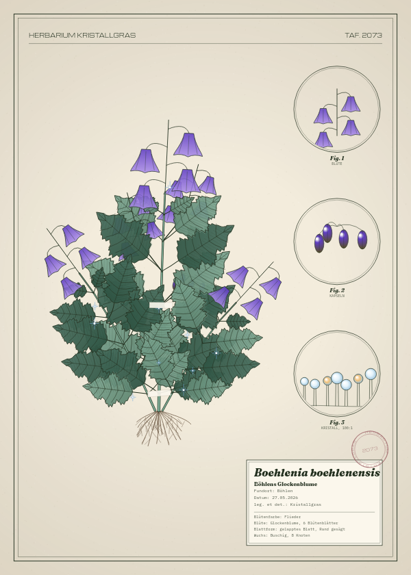 Botanische Tafel: Boehlenia boehlenensis, eine erfundene Pflanze aus Böhlen, gezeichnet wie in einem alten Pflanzenatlas