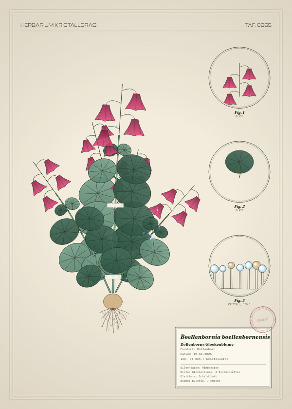 Botanische Tafel: Boellenbornia boellenbornensis, eine erfundene Pflanze aus Böllenborn, gezeichnet wie in einem alten Pflanzenatlas