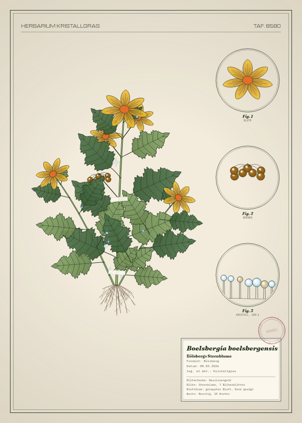 Botanische Tafel: Boelsbergia boelsbergensis, eine erfundene Pflanze aus Bölsberg, gezeichnet wie in einem alten Pflanzenatlas
