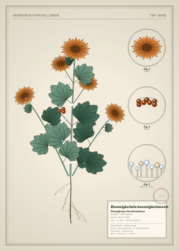 Botanische Tafel: Boennigheimia boennigheimensis, eine erfundene Pflanze aus Bönnigheim, gezeichnet wie in einem alten Pflanzenatlas