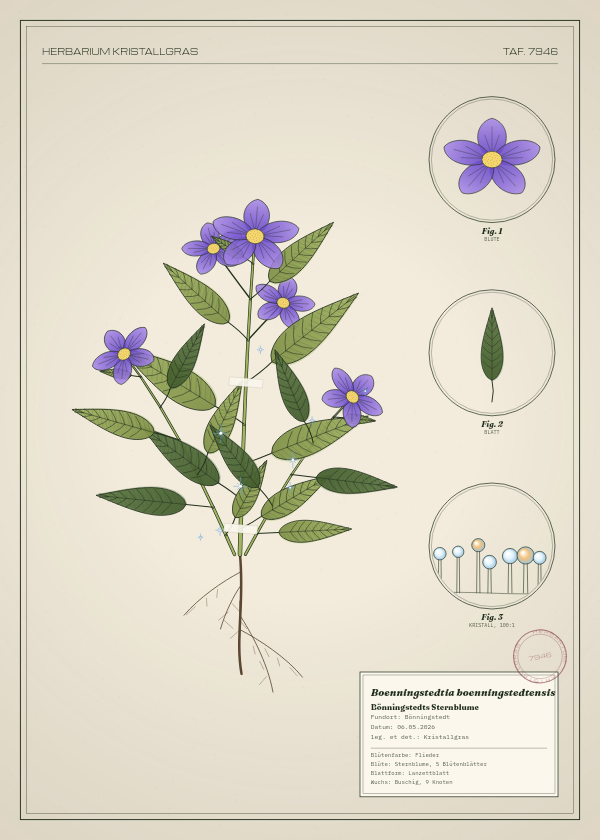 Botanische Tafel: Boenningstedtia boenningstedtensis, eine erfundene Pflanze aus Bönningstedt, gezeichnet wie in einem alten Pflanzenatlas