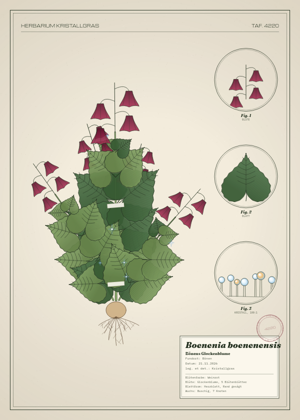 Botanische Tafel: Boenenia boenenensis, eine erfundene Pflanze aus Bönen, gezeichnet wie in einem alten Pflanzenatlas